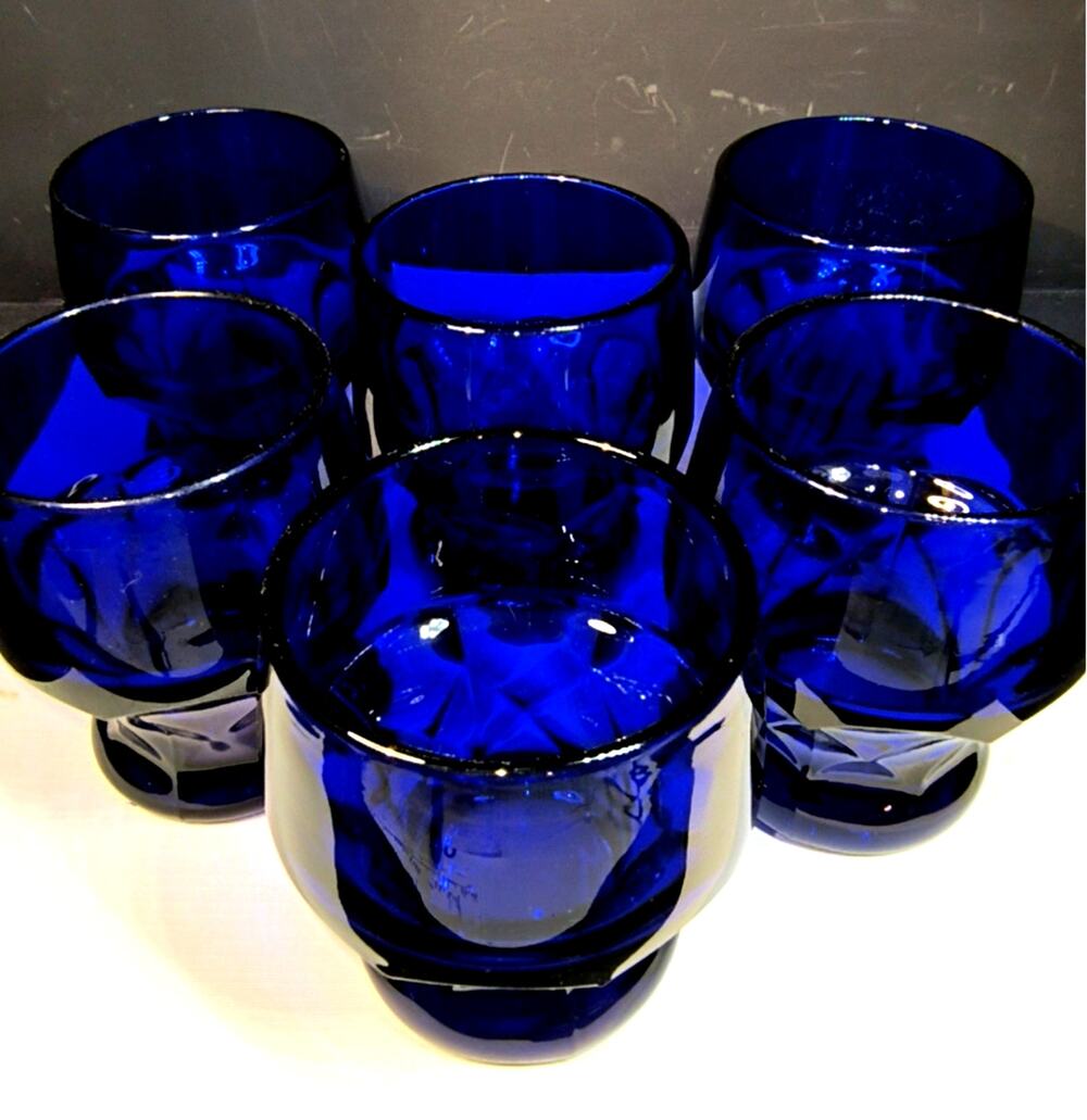 2053. Set of 6 Dark Cobalt Blue Honeycomb Glass Tumblers MCM 4 Inch